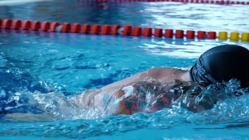 Swimming Pool Sport Crawl Swimmer Athlete Banner. Man Doing Freestyle Stroke Technique in Water Pool