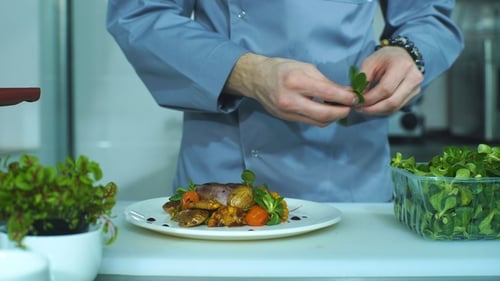 Chef Garnishing Plate of Food in Bright Kitchen