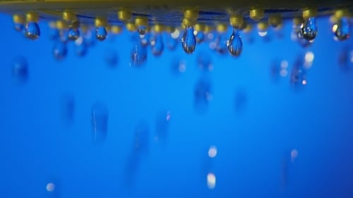 Macro Water Droplets Falling on Blue Background