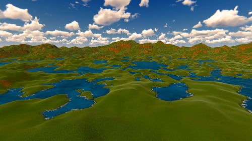 Animated Stylized Landscape with Hills, Lakes, and Flowing Water