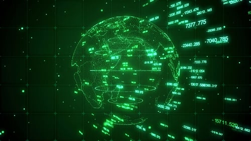 Futuristic Digital Globe with Flowing Data Numbers Animation