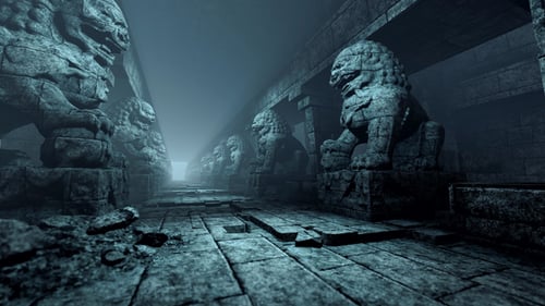 Cinematic Ancient Stone Temple Corridor with Lion Statues