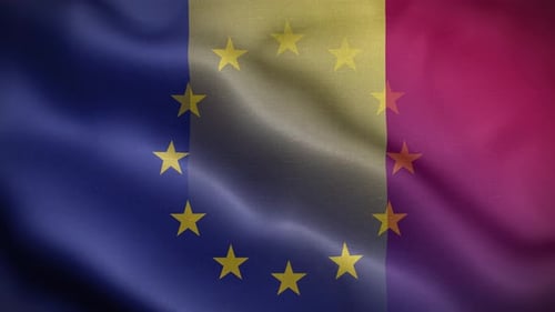 Waving European Union Flag with Stylized Tricolor Background