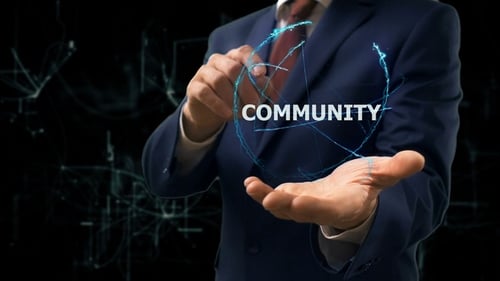 Geschäftsmann zeigt Konzept-Hologramm-Community auf seiner Hand