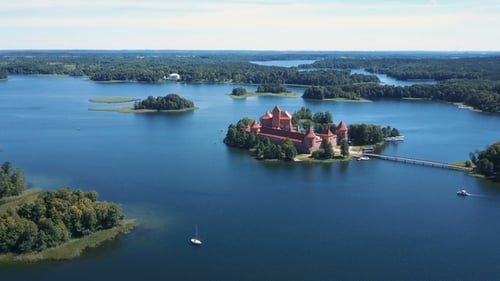 Lithuania. Trakai. Beautiful Castle on the Lakes. Aerial View of Trakai Castle in Summer Season.