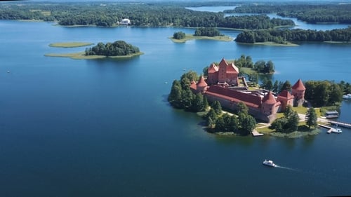 Lithuania. Trakai. Beautiful Castle on the Lakes. Aerial View of Trakai Castle in Summer Season.