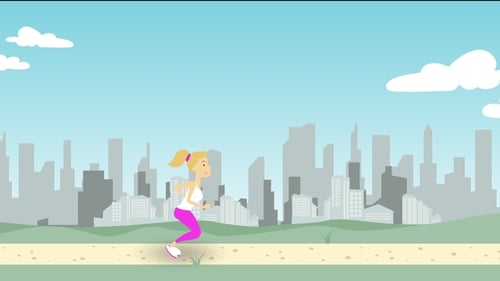 Young Woman Running Along Park Path Against City Skyline