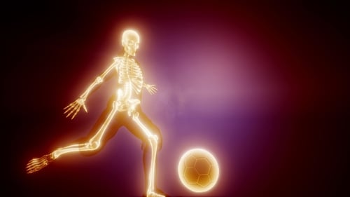 Glowing Human Skeleton Kicking Soccer Ball Medical Sports Visualization