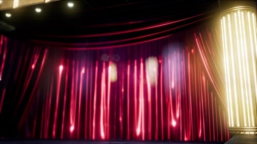 Dynamic Red Stage Curtains with Glowing Neon Light Beams