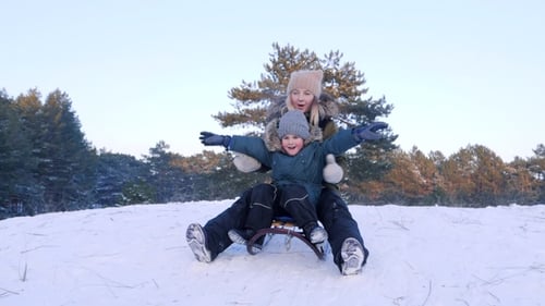 Young Mum with Son Sledding on Sunny Winter Day