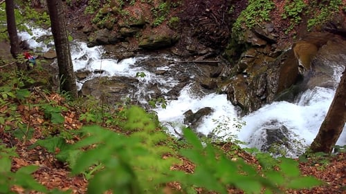 Waterfall Mountain Landscape. River Flowing in Mountainous Area