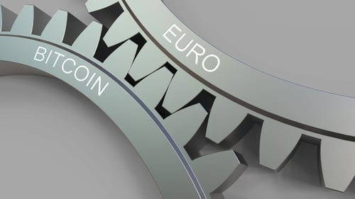 EURO and BITCOIN Words on Meshing Gears