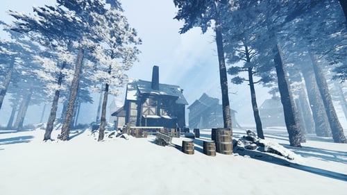 Winter Snowy Forest Village with Falling Snow Landscape