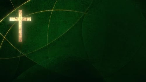 Animated Golden Cross and Glowing Arcs on Deep Green Background