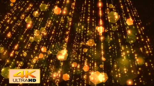 Golden Glittering Particles and Hexagons Falling Background