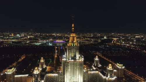 Moscow State University and Illuminated Moscow Skyline at Night