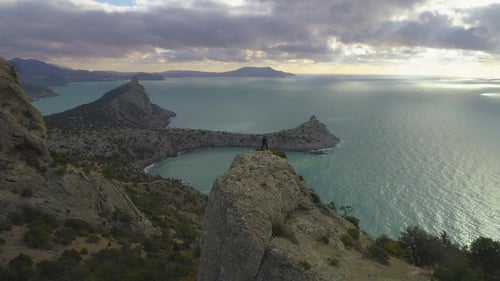 Aerial View of Man Standing on Cliff Over Ocean