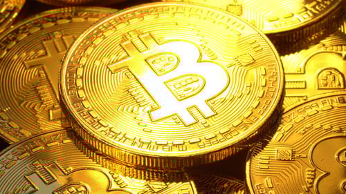 Gold Bitcoin Cryptocurrency Coins Pile Close Up