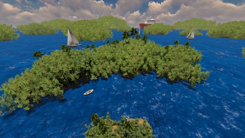 Tropical Island Aerial View with Boats and Ship