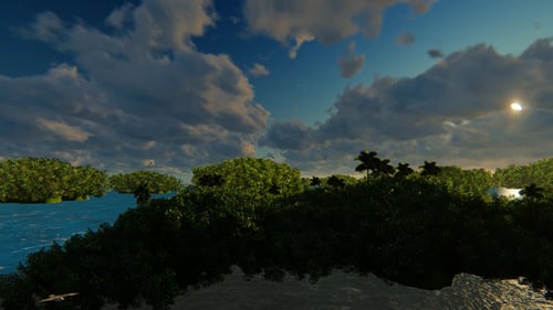 Flying Over Tropical Islands and Blue Water with Dynamic Sky