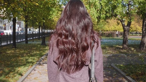 Young Beautiful Brunette Woman with Curled Healthy Long Hairs and Handbag Is Walking in Park