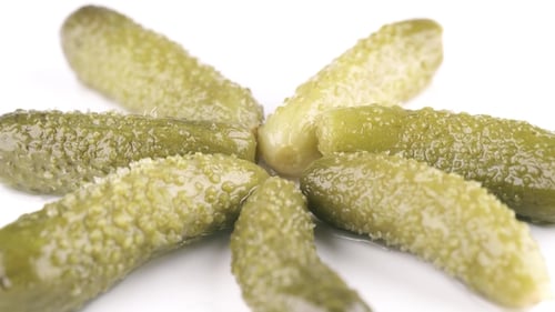 Arrangement of Pickled Cornichons Displayed on White Background