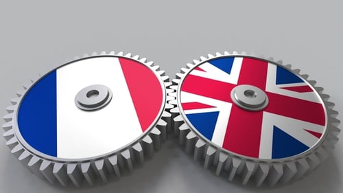 France and UK Flags on Interlocking Gears 3D Animation