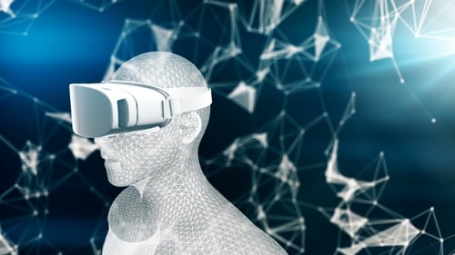 Wireframe Human Figure Wearing VR Headset in Digital Space