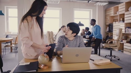 Young Woman Consulting with Young Man in Office