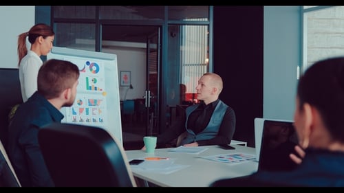 Boss Is Sitting at the Table with Colleagues at a Meeting in the Office and Discussing a Business