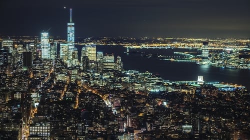USA, New York City, Manhattan Aerial Panorama Cityscape Skyline. Lights of the City at Night