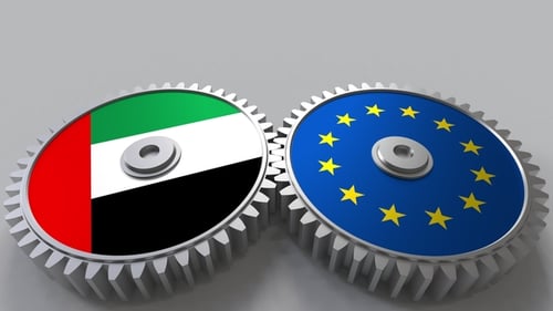 United Arab Emirates and European Union Flags Rotating on Interlocking Gears