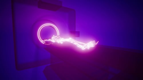 Neon Skeleton Scanned in Futuristic MRI Machine