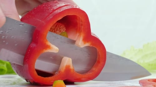 Red Bell Pepper Slicing Preparation Close Up