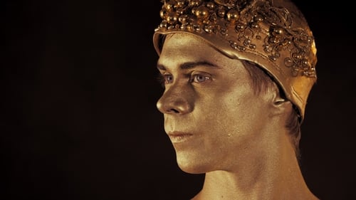 Portrait of Handsome Young Ballet Dancer with Shining Golden Skin and Crown on Black Background