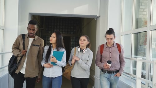 Four Serious Concentrated Male and Female Students of Different Ethnicities Are Walking