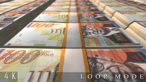 Flying Over Stacks of Israeli New Shekel 100 NIS Bills