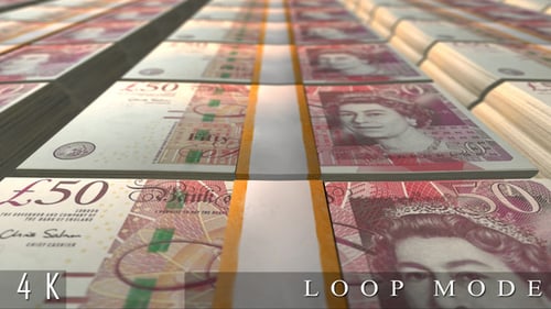 Moving Over Realistic Stacks of British 50 Pound Banknotes