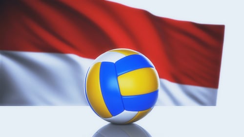 Animated 3D Volleyball Spinning with Waving National Flag Background