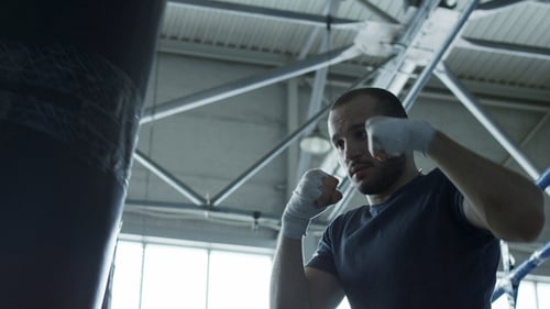 Boxer Training with Bag in Gym
