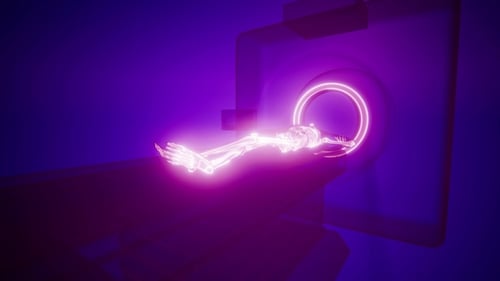Neon Glowing Skeleton Undergoing Futuristic MRI Scan