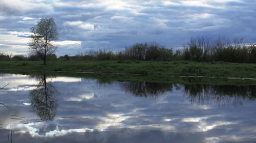 River in the Evening, a Wild River with a Blue Cloudy Sky