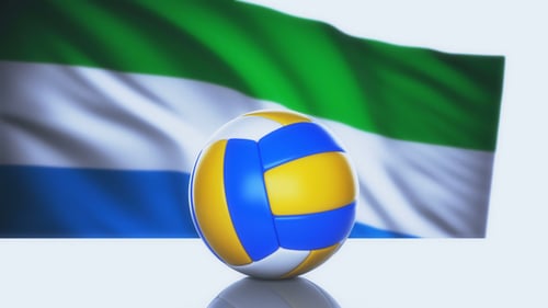 3D Spinning Volleyball with Waving Flag Background