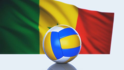 Rotating Volleyball with Waving Senegal Flag Sports Background