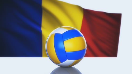 3D Spinning Volleyball with Waving National Flag Background