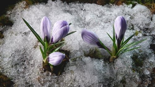 Snow Melting and Crocus Flower Blooming in Spring