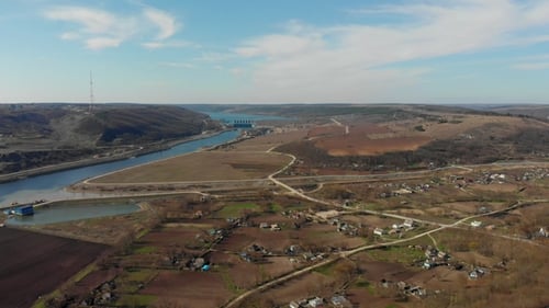 Aerial View From Drone. Flying Over Autumn Slope with Trees and River. Beautiful Green Mountain