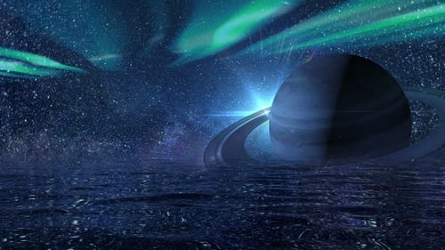 Surreal Planet and Aurora Over Abstract Water