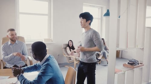 Happy Asian Manager Doing Very Funny Celebration Dance Walk in Modern Office, Multi-ethnic
