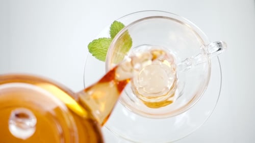 Mint Tea with Leaves Directly Above, White Background